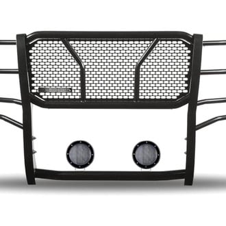 Black Horse® - Rugged Series Modular Design Black LED Grille Guard with 5.3" Round Flood Black LED Light with Harness and Switch