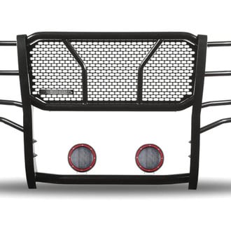 Black Horse® - Rugged Series Modular Design Black LED Grille Guard with 5.3" Round Flood Red LED Light with Harness and Switch