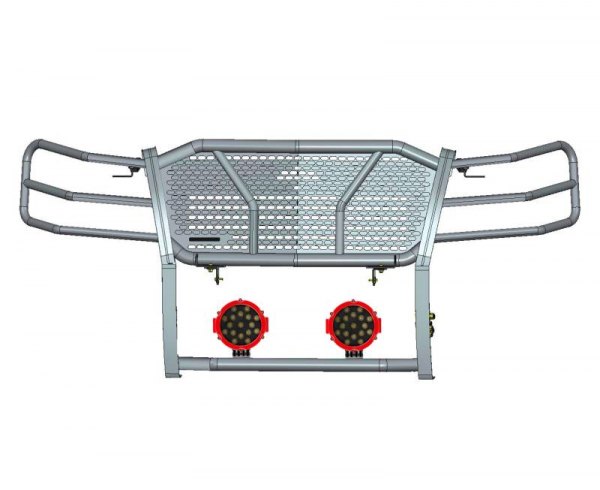 Black Horse® - Rugged Series Modular Design Black LED Grille Guard with 7" Round Red LED Light with Harness and Switch