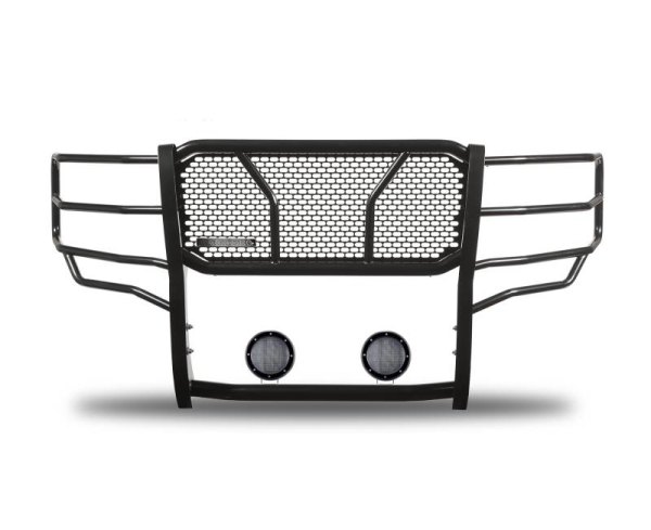 Black Horse® - Rugged Series Modular Design Black LED Grille Guard with 5.3" Round Flood Black LED Light with Harness and Switch