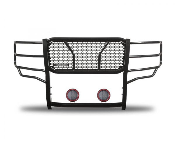 Black Horse® - Rugged Series Modular Design Black LED Grille Guard with 5.3" Round Flood Red LED Light with Harness and Switch