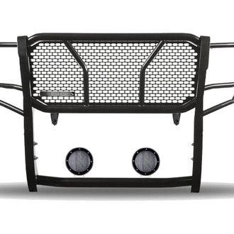Black Horse® - Rugged Series Modular Design Black LED Grille Guard with 5.3" Round Flood Black LED Light with Harness and Switch