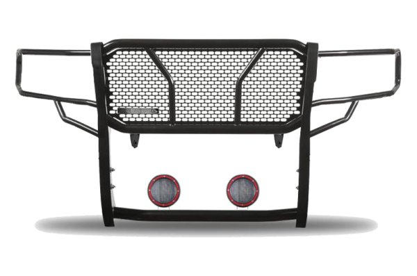 Black Horse® - Rugged Series Modular Design Black LED Grille Guard with 5.3" Round Flood Red LED Light with Harness and Switch