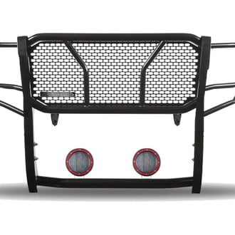 Black Horse® - Rugged Series Modular Design Black LED Grille Guard with 5.3" Round Flood Red LED Light with Harness and Switch