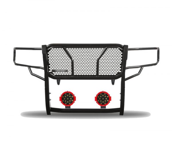 Black Horse® - Rugged Series Modular Design Black LED Grille Guard with 7" Round Red LED Light with Harness and Switch