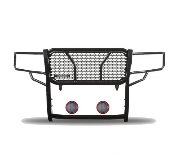Black Horse® - Rugged Series Modular Design Black LED Grille Guard with 5.3" Round Flood Red LED Light with Harness and Switch