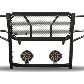 Black Horse® - Rugged Series Modular Design Black LED Grille Guard with 7" Round Black LED Light with Harness and Switch