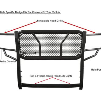 Black Horse® - Rugged Series Modular Design Black LED Grille Guard with 5.3" Round Flood Black LED Light with Harness and Switch