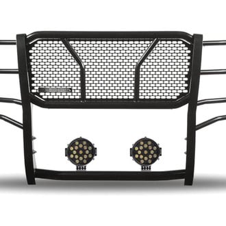 Black Horse® - Rugged Series Modular Design Black LED Grille Guard with 7" Round Black LED Light with Harness and Switch