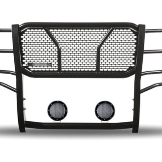 Black Horse® - Rugged Series Modular Design Black LED Grille Guard with 5.3" Round Flood Black LED Light with Harness and Switch