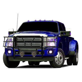 Black Horse® - Rugged Series Modular Design Black LED Grille Guard with 7" Round Black LED Light with Harness and Switch