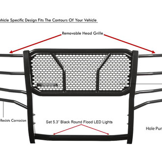 Black Horse® - Rugged Series Modular Design Black LED Grille Guard with 5.3" Round Flood Black LED Light with Harness and Switch