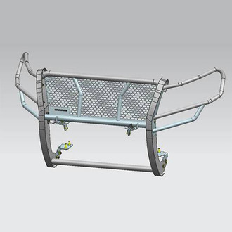 Black Horse® - Rugged Series Modular Design Black LED Grille Guard with 5.3" Round Flood Black LED Light with Harness and Switch