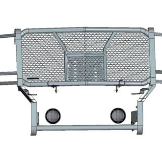 Black Horse® - Rugged Series Modular Design Black LED Grille Guard with 5.3" Round Flood Black LED Light with Harness and Switch