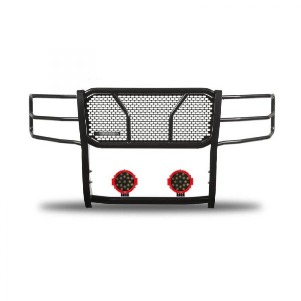 Black Horse® - Rugged Series Modular Design Black LED Grille Guard with 7" Round Red LED Light with Harness and Switch
