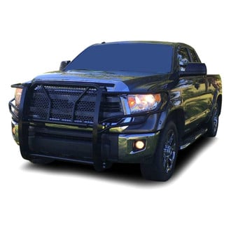 Black Horse® - Rugged Series Modular Design Black LED Grille Guard with 5.3" Round Flood Red LED Light with Harness and Switch