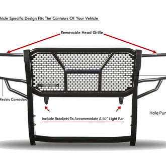 Black Horse® - Rugged Series Modular Design Black LED Grille Guard with 5.3" Round Flood Black LED Light with Harness and Switch