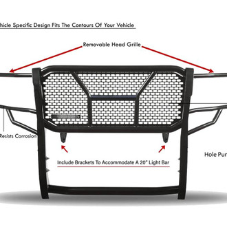 Black Horse® - Rugged Series Modular Design Black LED Grille Guard with 5.3" Round Flood Red LED Light with Harness and Switch