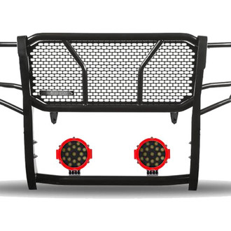 Black Horse® - Rugged Series Modular Design Black LED Grille Guard with 7" Round Red LED Light with Harness and Switch