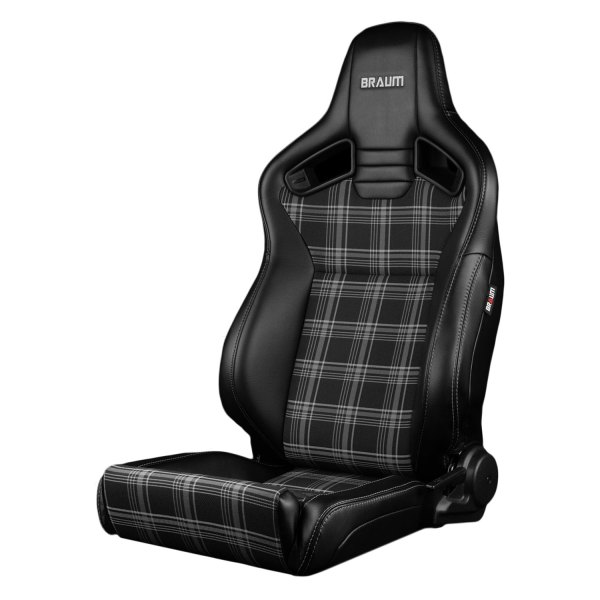 Braum® - Elite V2 Series Low Base Version Racing Seats, Black Leatherette and Grey Plaid Inserts