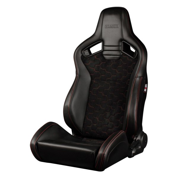 Braum® - Elite V2 Series Racing Seats, Black Honeycomb Suede with Red Stitching
