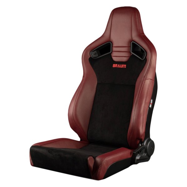 Braum® - Elite V2 Series Low Base Version Racing Seats, Maroon Leatherette with Black Suede and Black Stitching