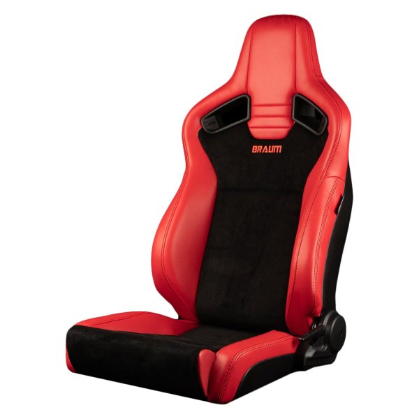 Braum® - Elite V2 Series Low Base Version Racing Seats, Red Leatherette with Black Suede and Black Stitching