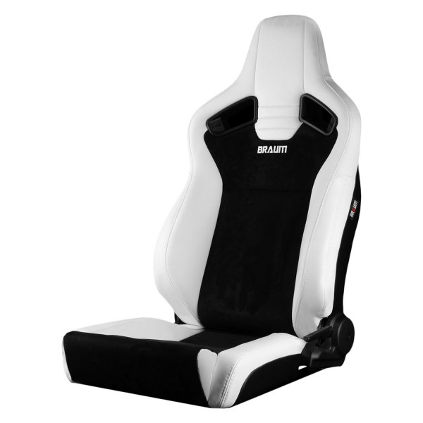 Braum® - Elite V2 Series Low Base Version Racing Seats, White Leatherette with Black Suede Inserts and Black Stitching
