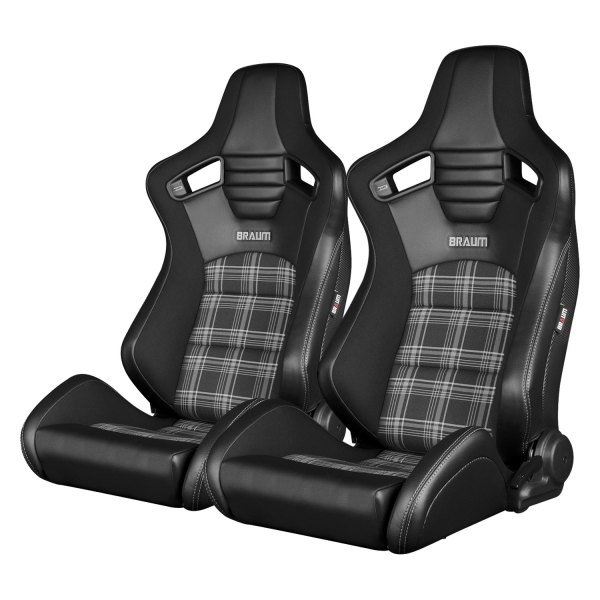 Braum® - Elite-S Series Leatherette Black Racing Seats with Gray Plaid Insert & Gray Stitching