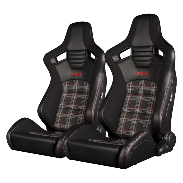 Braum® - Elite-S Series Leatherette Black Racing Seats with Red Plaid Insert & Red Stitching