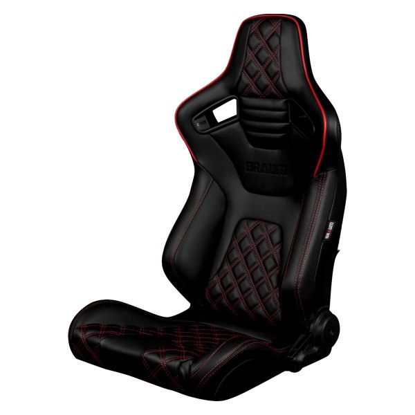 Braum® - Elite-X Series Diamond Edition Black Leatherette Racing Seats with Double Red Stitching and Black Piping