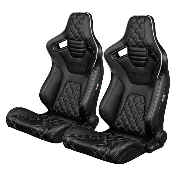 Braum® - Elite-X Series Diamond Edition Black Leatherette Racing Seats with Double White Stitching and White Piping