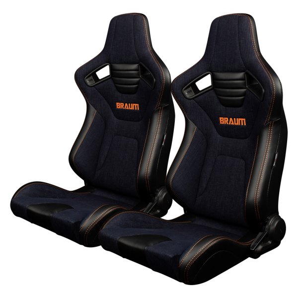 Braum® - Elite-X Series Black Leatherette and Navy Denim Racing Seats with Orange Stitching