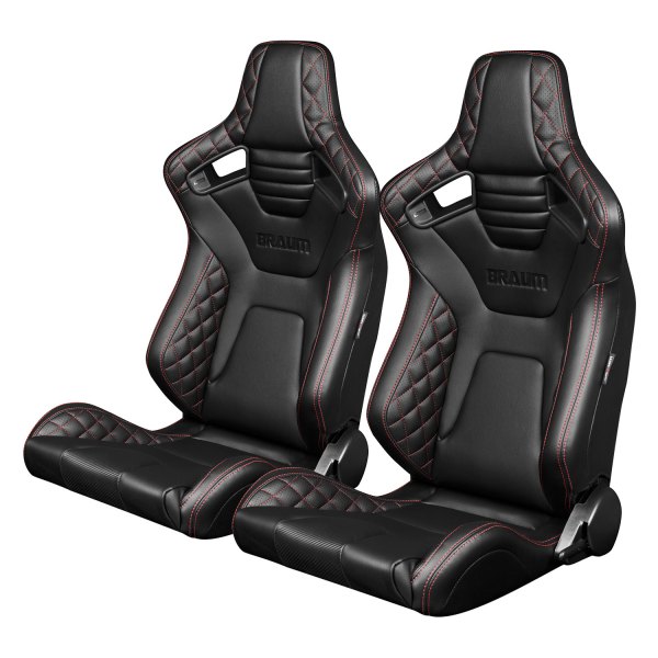Braum® - Elite-X Series Diamond Edition Black Leatherette Racing Seats with Red Stitching