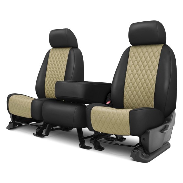  CalTrend® - Faux Leather Diamond Shield Quilted 1st Row Black & Beige Custom Seat Covers