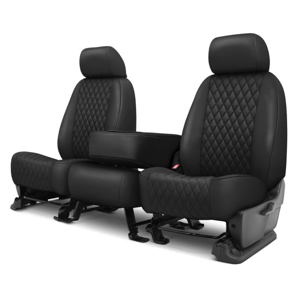  CalTrend® - Faux Leather Diamond Shield Quilted 1st Row Black & Black Custom Seat Covers