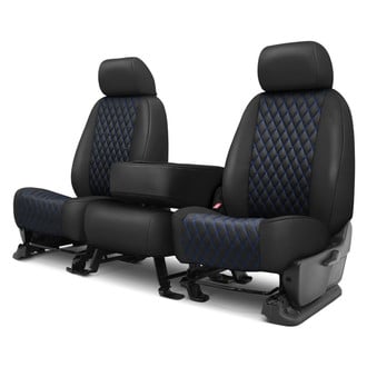 CalTrend® - Faux Leather Diamond Shield Quilted 1st Row Black & Blue Stitching Custom Seat Covers