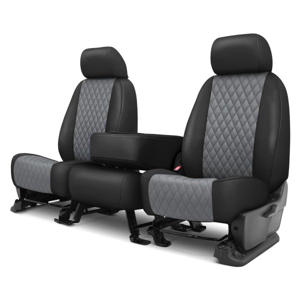  CalTrend® - Faux Leather Diamond Shield Quilted 1st Row Black & Light Gray Custom Seat Covers