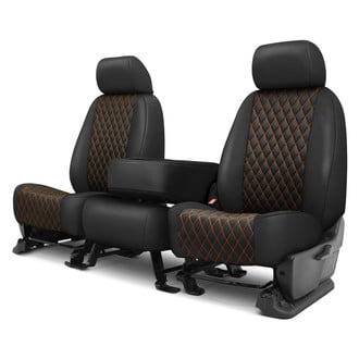 CalTrend® - Faux Leather Diamond Shield Quilted 1st Row Black & Orange Stitching Custom Seat Covers