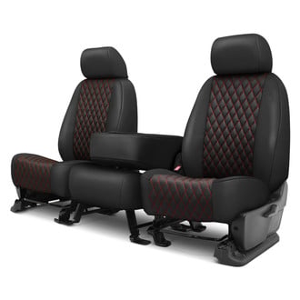 CalTrend® - Faux Leather Diamond Shield Quilted 1st Row Black & Red Stitching Custom Seat Covers