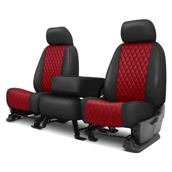 CalTrend® - Faux Leather Diamond Shield Quilted 1st Row Black & Red Custom Seat Covers