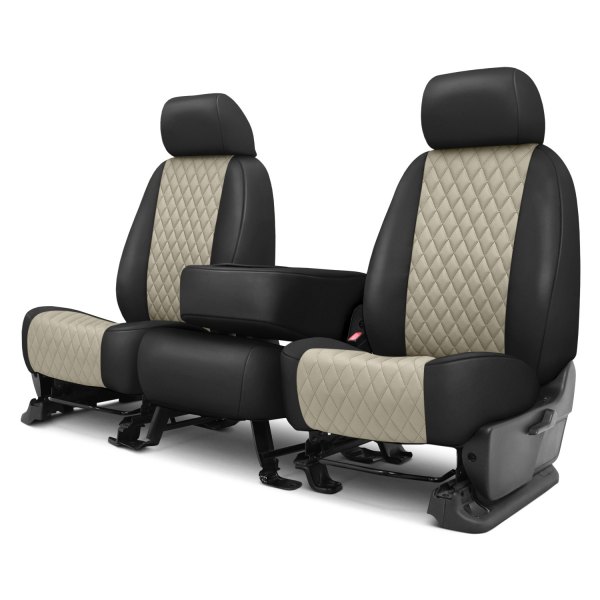  CalTrend® - Faux Leather Diamond Shield Quilted 1st Row Black & Sandstone Custom Seat Covers