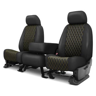 CalTrend® - Faux Leather Diamond Shield Quilted 1st Row Black & Yellow Stitching Custom Seat Covers