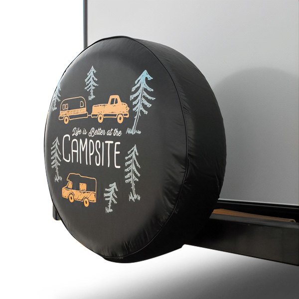 Rain and Sun Away from Your Spare Tire Camco Life is Better at Campsite 27 Vinyl Cover with Elastic Hem-Durable Design Keeps Dirt 53292 