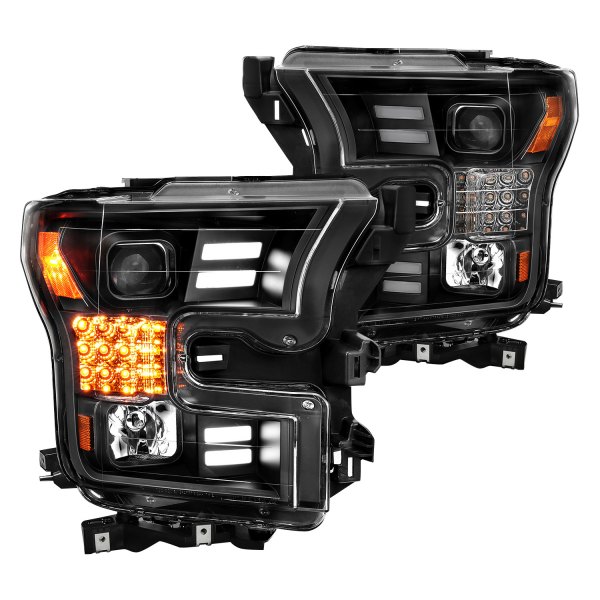 CG® - Black DRL Bar Projector Headlights with Sequential LED Turn Signal, Ford F-150