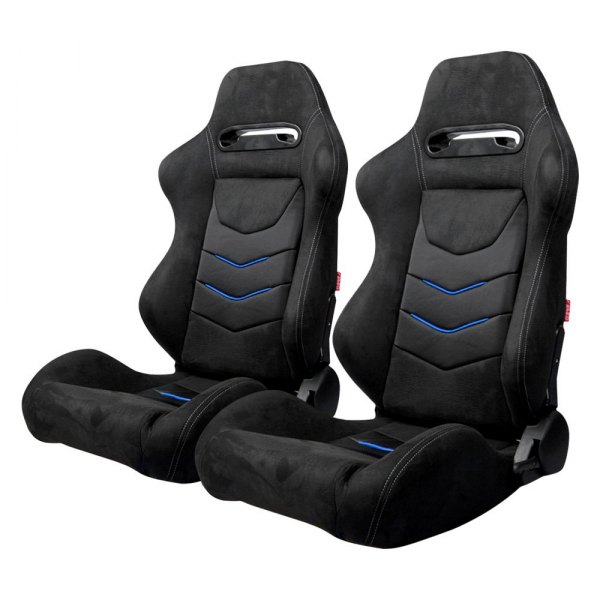Cipher Auto® - CPA1075 Series Reclining Steel Tubular Frame Racing Seats, Black Microsuede with Leatherette Insert & Blue Accents
