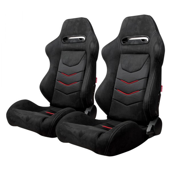 Cipher Auto® - CPA1075 Series Reclining Steel Tubular Frame Racing Seats, Black Microsuede with Leatherette Insert & Red Accents