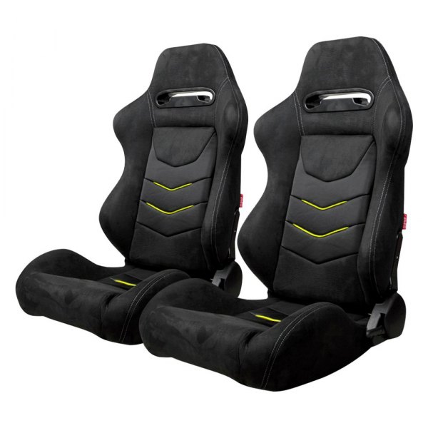 Cipher Auto® - CPA1075 Series Reclining Steel Tubular Frame Racing Seats, Black Microsuede with Leatherette Insert & Yellow Accents