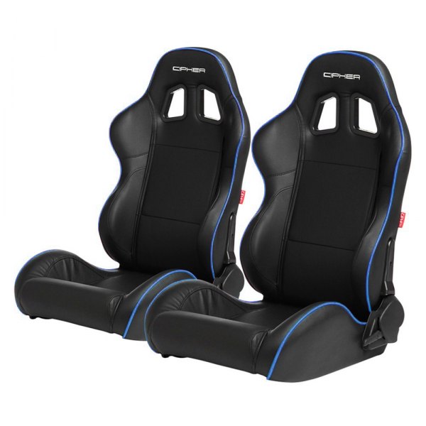 Cipher Auto® - CPA1031 Series Reclining Steel Tubular Frame Racing Seats, Black Leatherette Cover with Blue Accent Piping