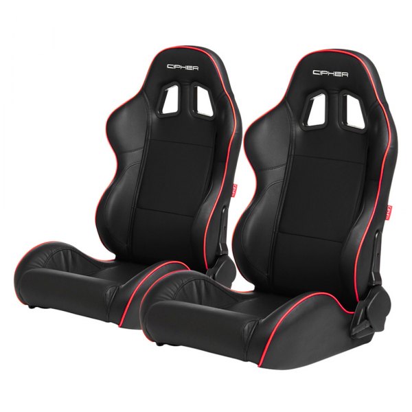 Cipher Auto® - CPA1031 Series Reclining Steel Tubular Frame Racing Seats, Black Leatherette Cover with Red Accent Piping